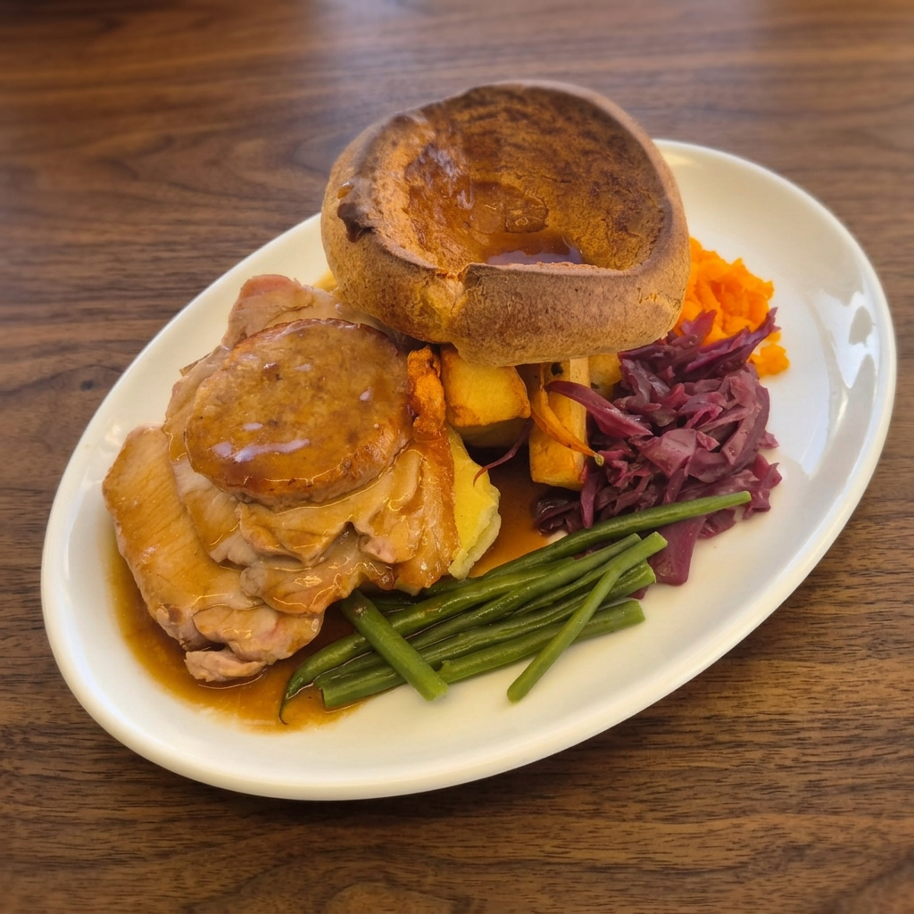 Sunday roast with Yorkshire pudding, red cabbage and gravy
