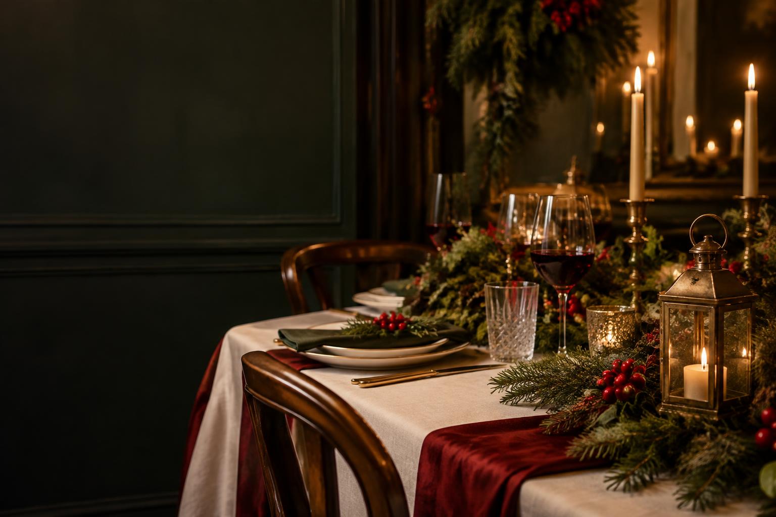 Christmas table inspiration with festive greenery, berries and a brass lantern